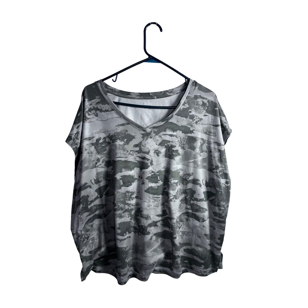 RBX Active Top 1X Grey Camo V-Neck Short Sleeve Performance Shirt Womens